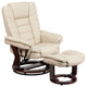 Beige Leather Recliner and Ottoman With Swiveling Mahogany Wood Base
