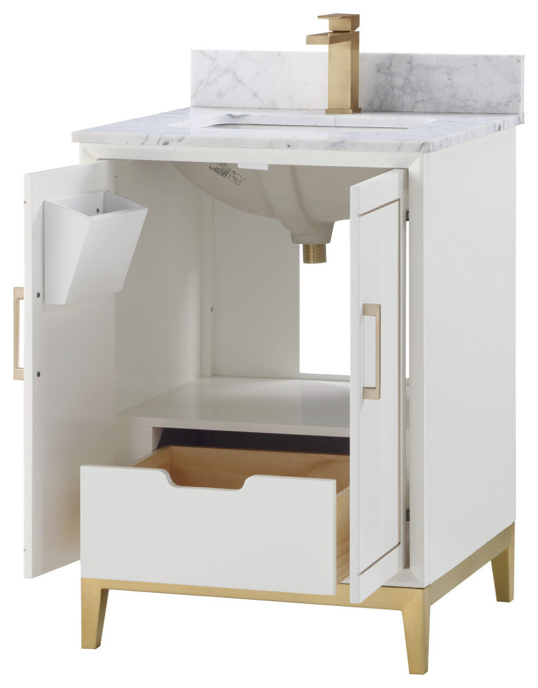 Gracie Bathroom Vanity, Satin White With Carrara Marble, 24"