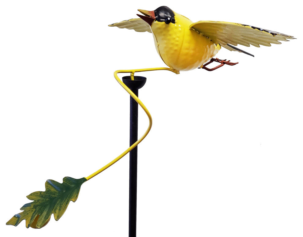 Metal Rustic Yellow Goldfinch Spinning Balancing Garden Stake Outdoor Yard Art