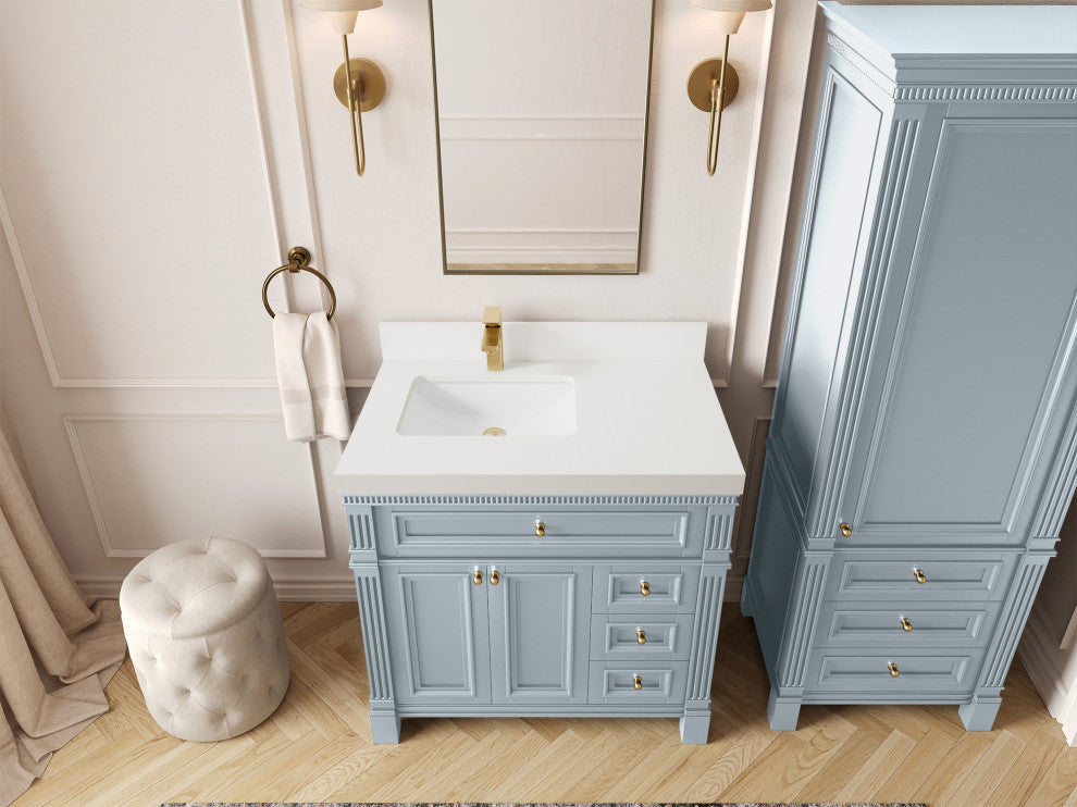 Paris 36" Left Offset Bathroom Vanity, Blue Heather 2" White Quartz