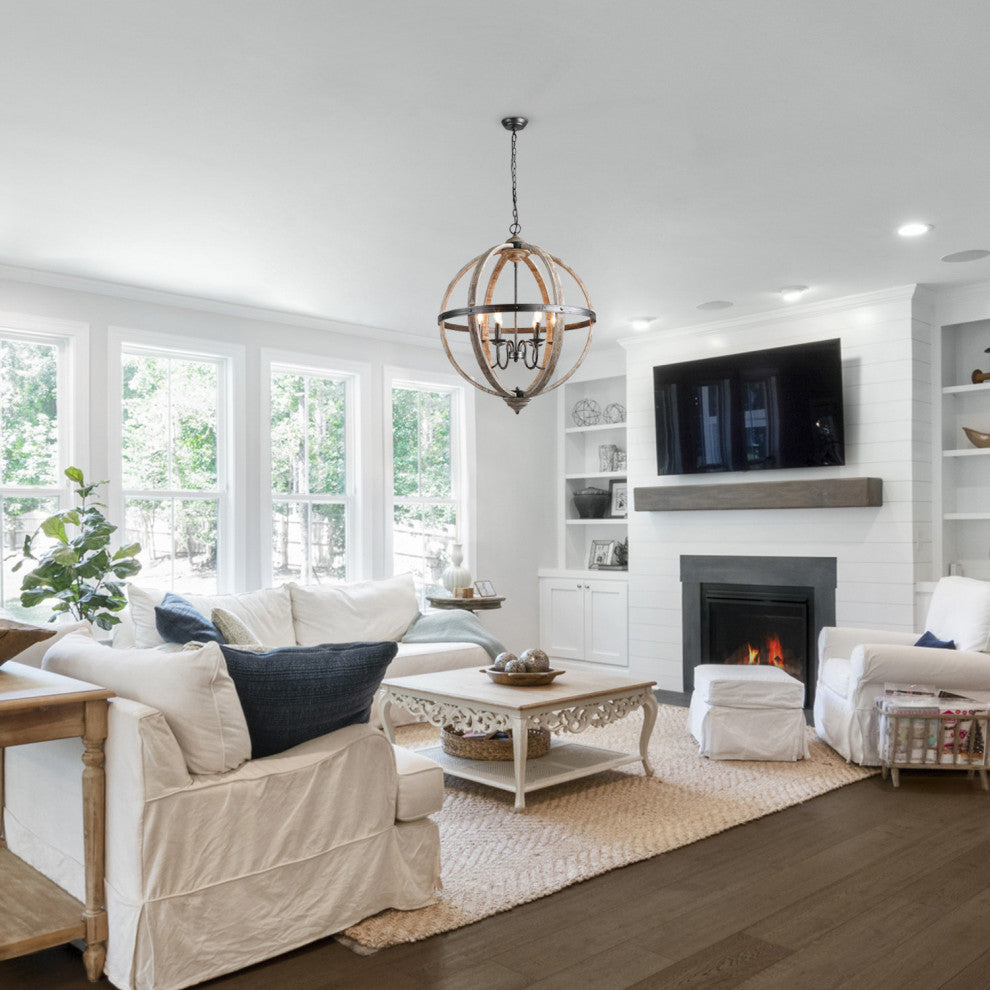 LNC Farmhouse Distressed Wood Orb Chandelier, 6 Lights