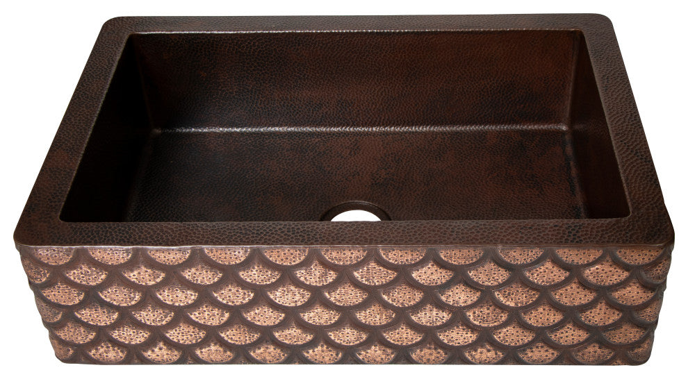 33" Farmhouse One Bowl Squama Apron Hammered Copper Kitchen Sink, 16 Gauge
