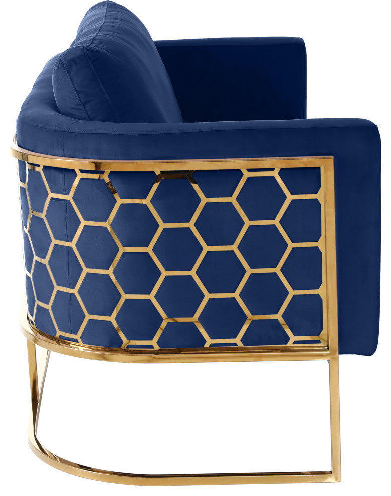 Casa Velvet Upholstered Loveseat, Navy, Gold Finish
