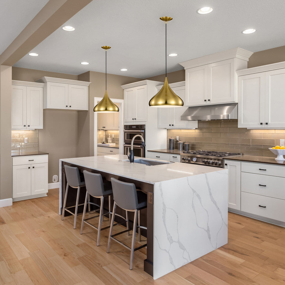 1-Light 12 in. Gold Single Pendant With Teardrop Metal Shade