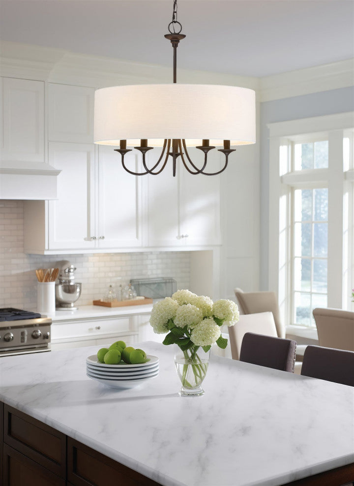 Kira Home Quinn 22" Chandelier, White Linen Drum Shade, Oil-Rubbed Bronze