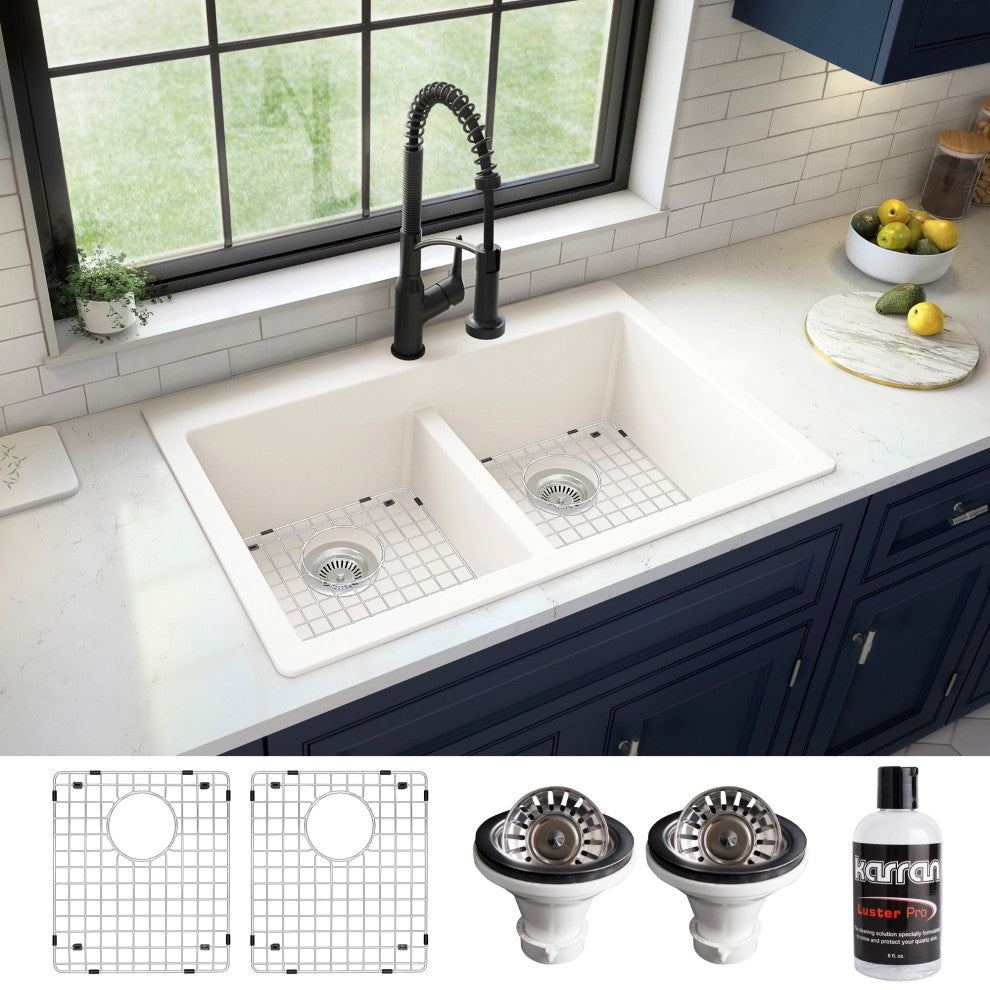Karran 33" Top Mount Double Equal Bowl Quartz Kitchen Sink Kit, White