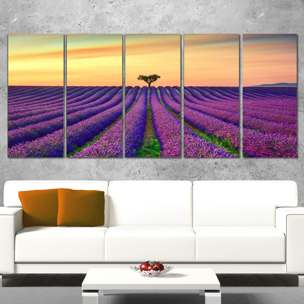 "Lavender Flower Rows in Provence" Landscape Wall Art Print, 5 Panels, 60"x28"