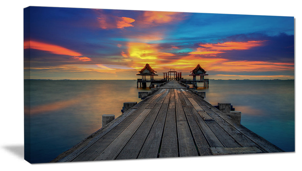 "Wide Wooden Bridge Into Distant Sun" Sea Pier Wall Art Canvas Print, 40"x20"