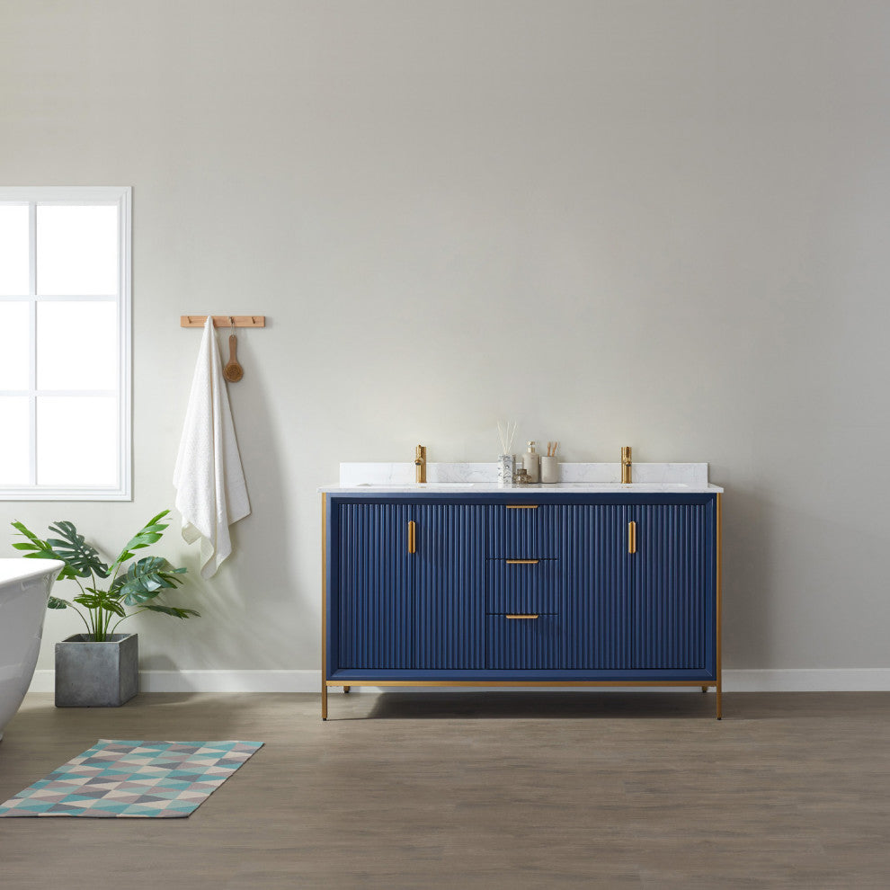 Granada Vanity With White Composite Stone Top, Royal Blue, 60", Without Mirror