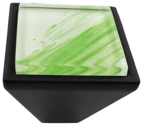 Hand Brushed Green Tilted Stroke Crystal Glass Black Metal Square Frustum Knob