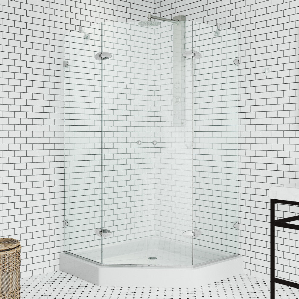 VIGO Gemini Frameless Hinged Neo-Angle Shower Enclosure, Chrome, 42" D X 42" W, High Base