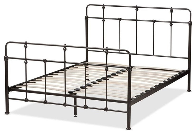 Ginette Vintage Industrial Antique Black Metal Platform Bed, Full