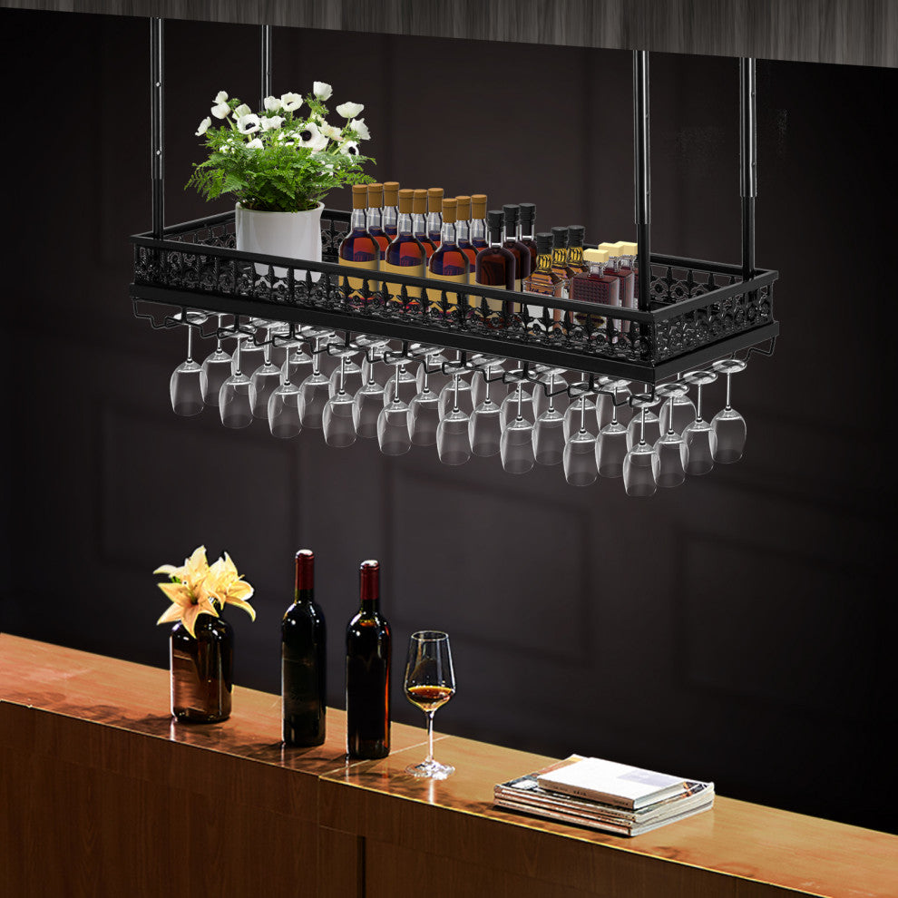 Ceiling Wine Glass Rack Hanging Wine Holder Cabinet, Black, 36x13 Inch