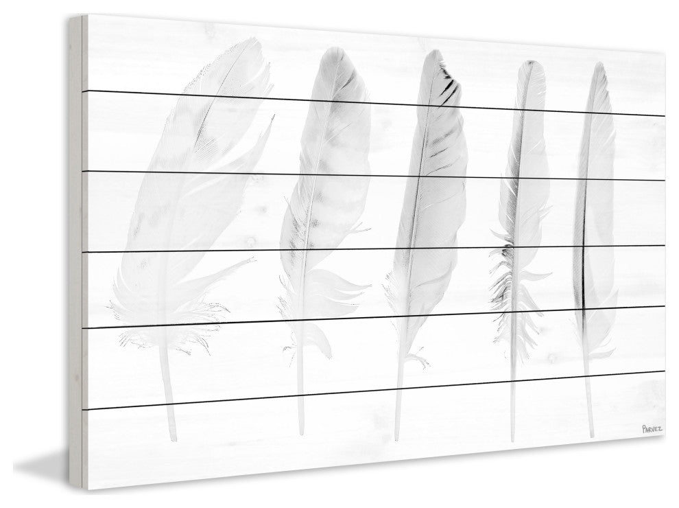 "Five White Feathers" Wall Art on Wood, 60"x40"