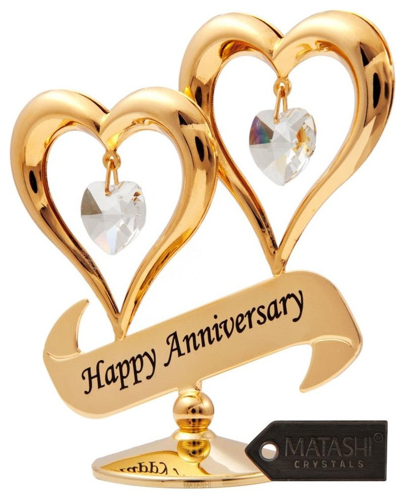 24K Gold Plated Happy Anniversary Inscribed Double Heart Ornament