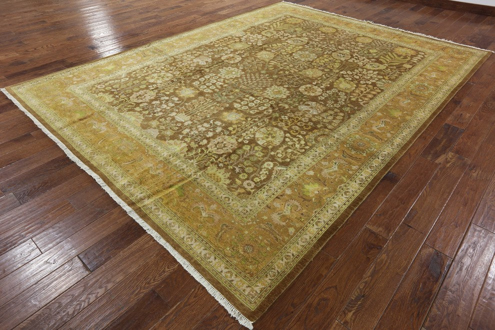 Oushak Brown Hand-Knotted Chobi Peshawar Quality Wool Rug, 9'x12'
