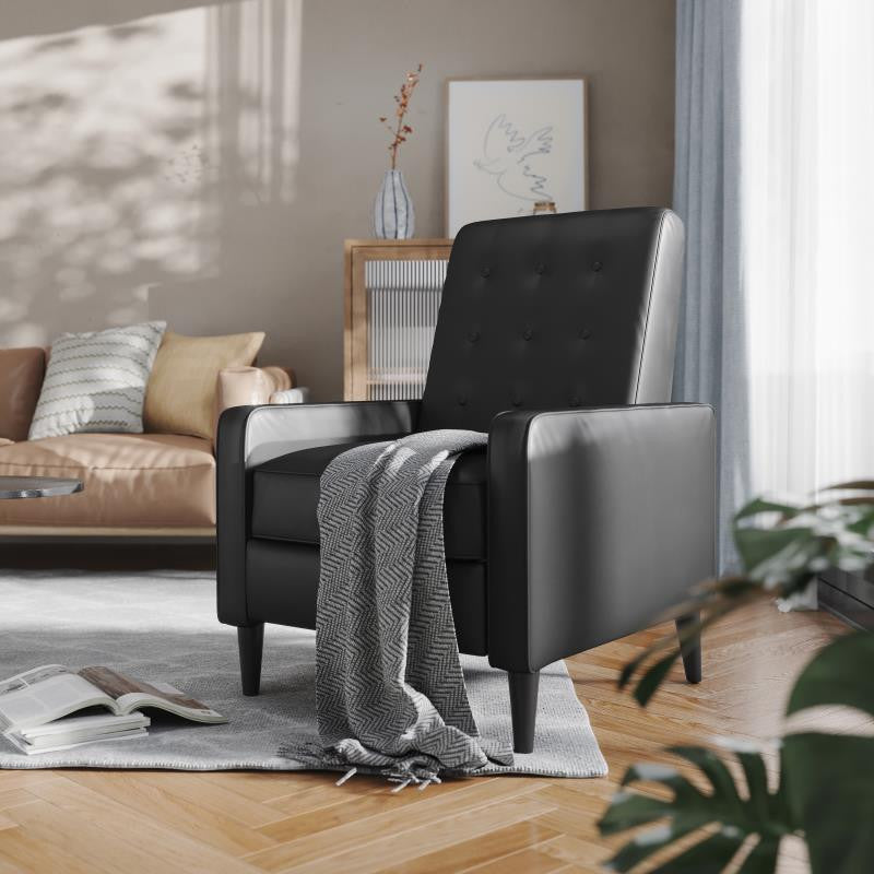 Ezra Upholstered Button Tufted Pushback Recliner, Black