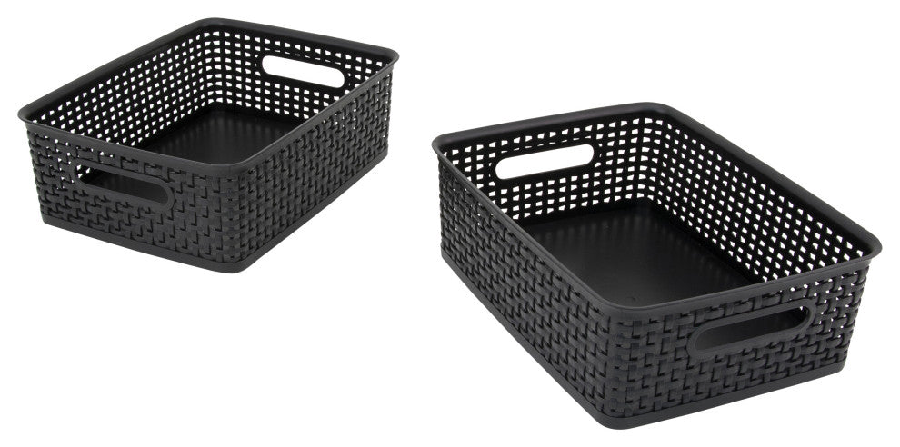 Plastic Weave Bin, Medium, Black, 2-Pack