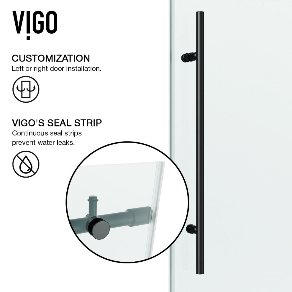 VIGO Elan E-Class 56" to 60" W x 76" H Frameless Sliding Shower Door, Matte Black, Clear Glass