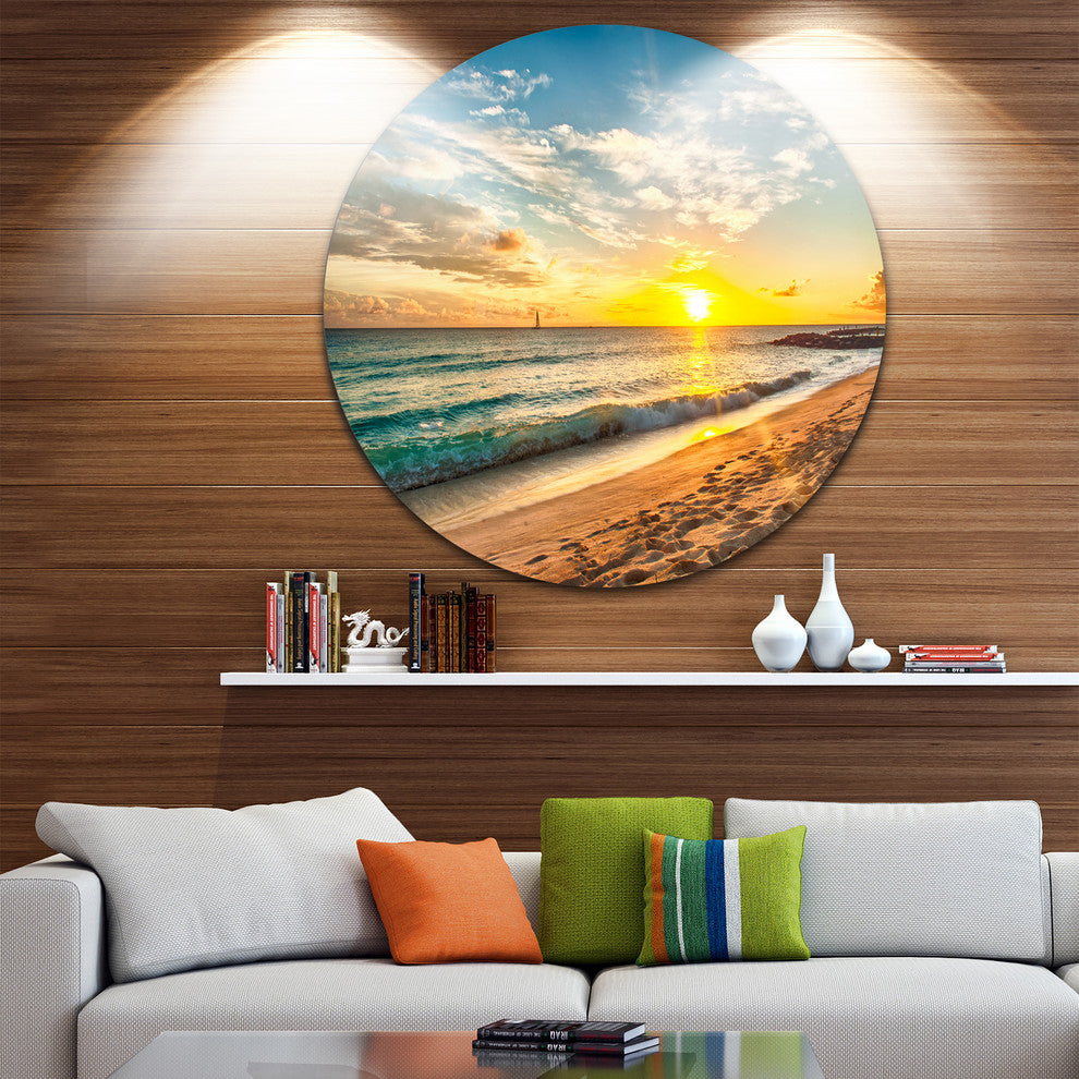 White Beach In Island Of Barbados, Modern Seascape Round Wall Art, 36"