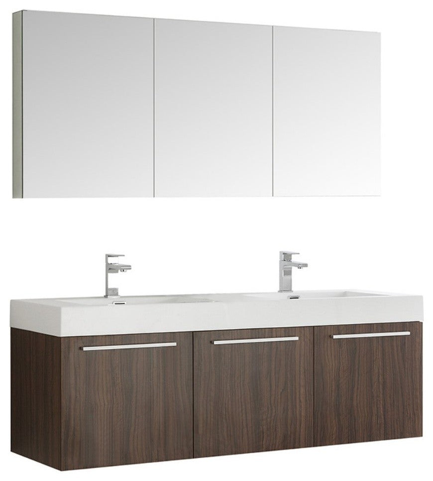 Vista 60" Walnut Wall Hung Double Sink Modern Bathroom Vanity, FFT3811CH