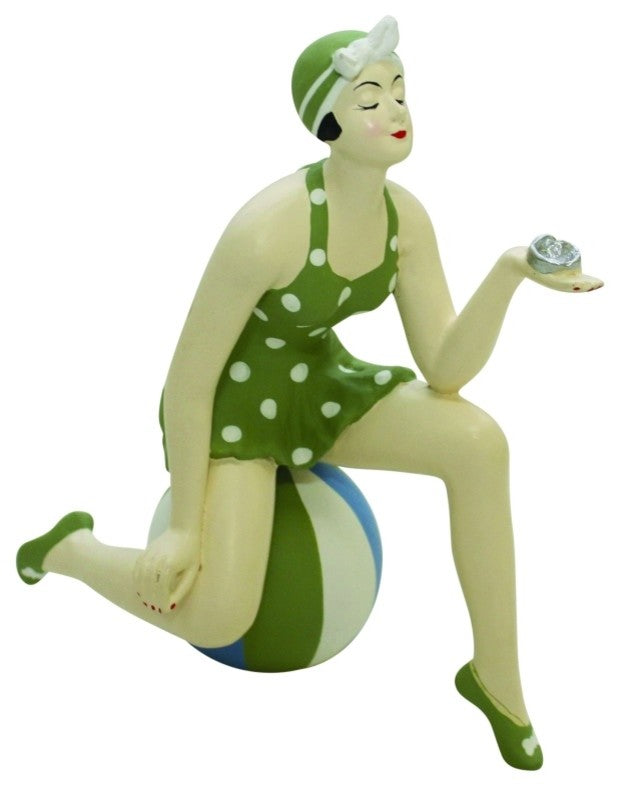 Retro Bathing Beauty Figurine, Swim Suit Beach Ball Kneeling Green White