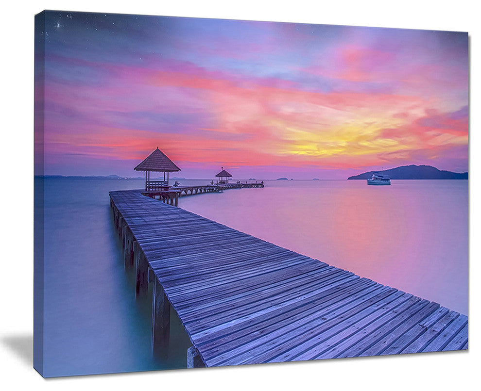 "Purple Tinged Wood Bridge And Beach" Sea Pier and Bridge Wall Art, 20"x12"