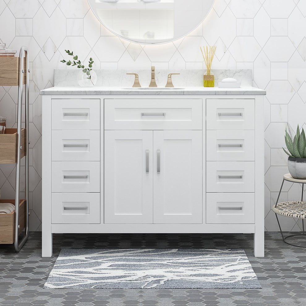 Grace Contemporary 48" Wood Single Sink Bathroom Vanity With Marble Counter Top, White