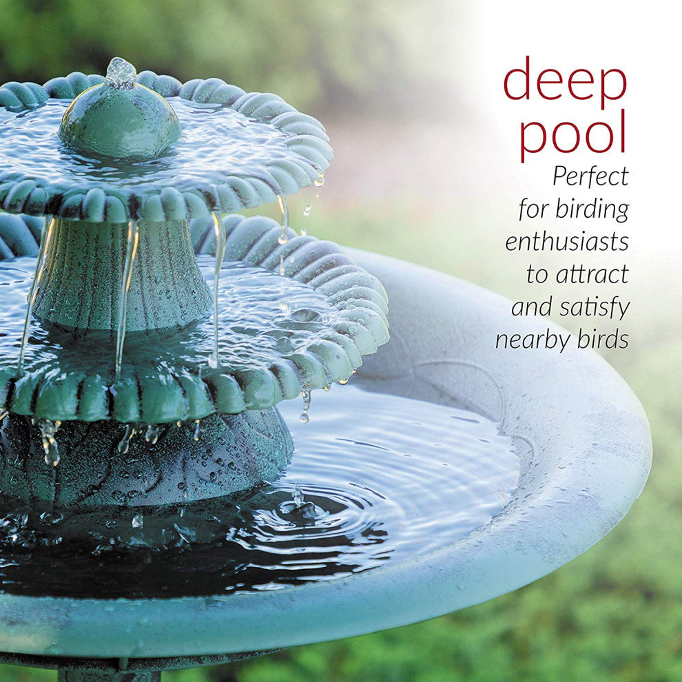 35" Tall Outdoor 3-Tiered Pedestal Water Fountain and Birdbath, Green
