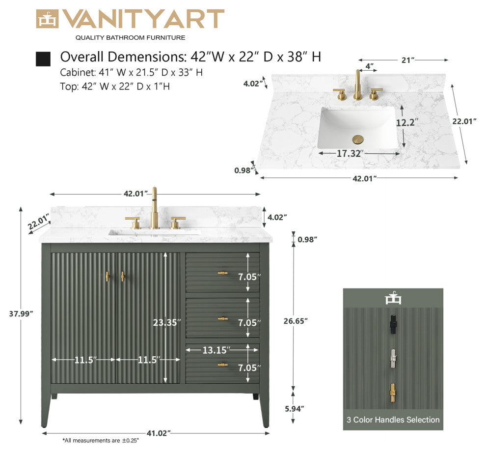 Vanity Art Freestanding Vanity, Vintage Green, 42", Single Sink, Matte Black