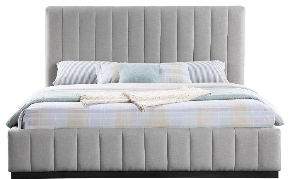 Lucia Beige Linen Textured Fabric Full Bed, Gray, King, Black Finish