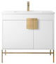 Modern White Bathroom Vanity Set, Satin Brass Hardware, Vireous China Sink Top
