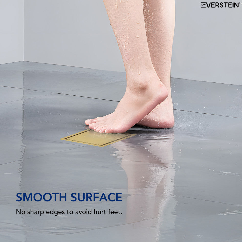 EVERSTEIN Invisible 6" Square Shower Drain, Dual-Sided Design, Brushed Gold