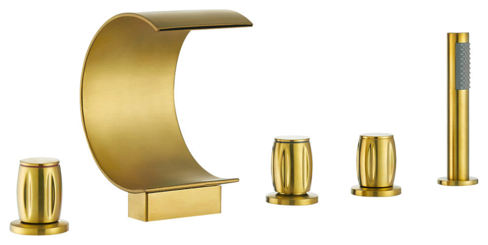 Recea Triple Handle Deck-Mount Roman Tub Faucet With Diverter and Handshower, Brushed Gold
