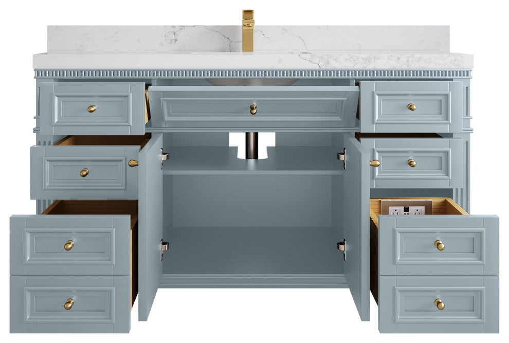 Paris 60" Single Sink Bathroom Vanity, Blue Heather 2" Calacatta Nuvo