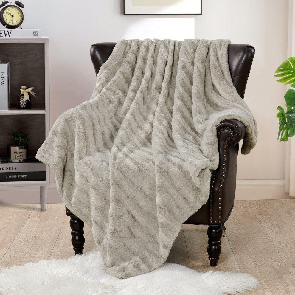 Derby Double Sided Faux Fur Throw Blanket, Charcoal Gray