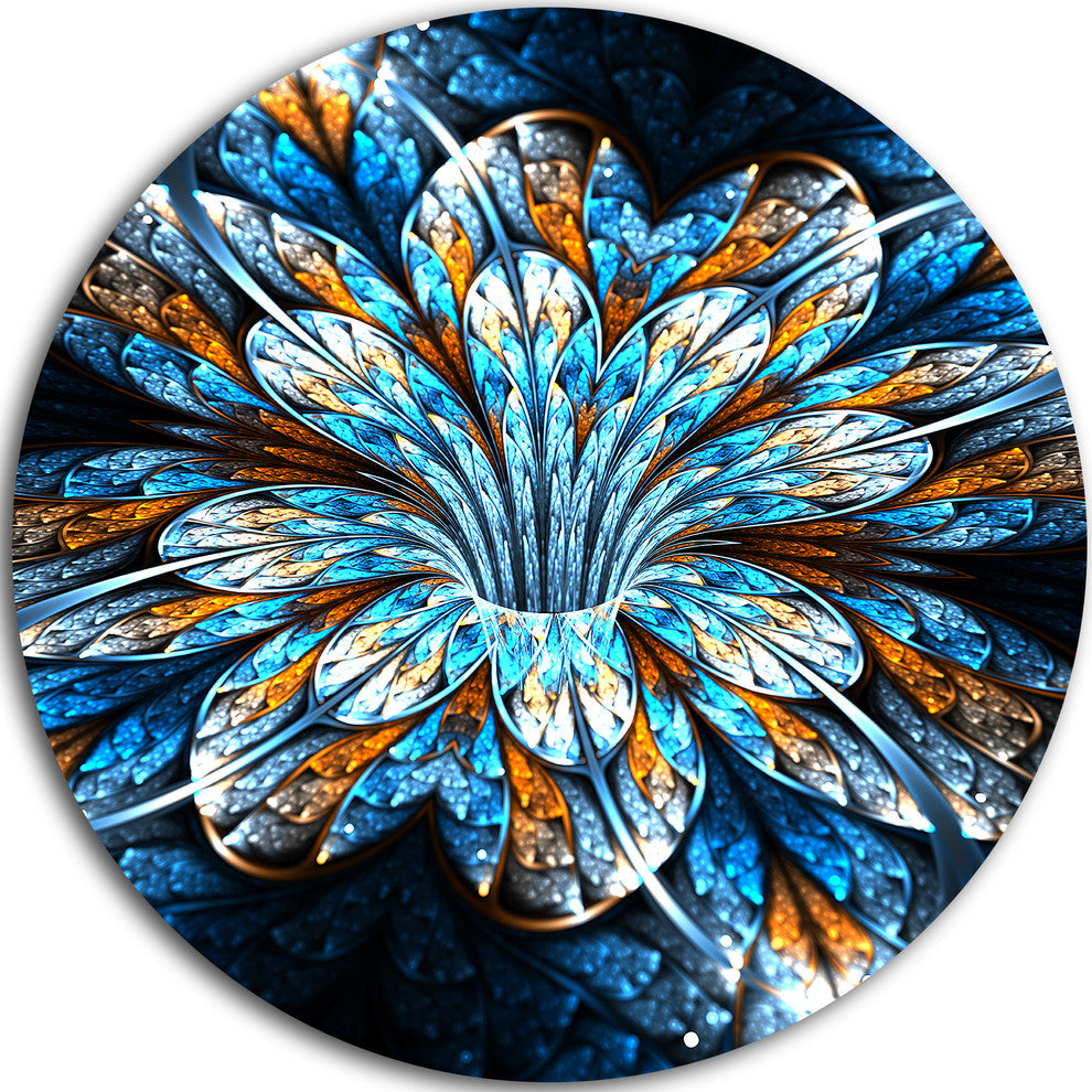Turquoise Fractal Flower In Dark, Floral Abstract Round Artwork, 11"
