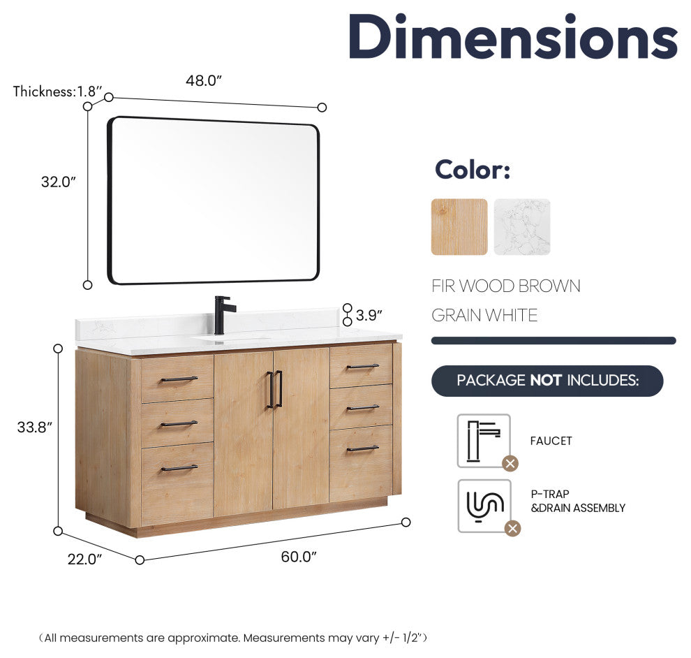 San Bath Vanity with Stone Top, Fir Wood Brown, 60" Single Sink, Single Vanity, With Mirror