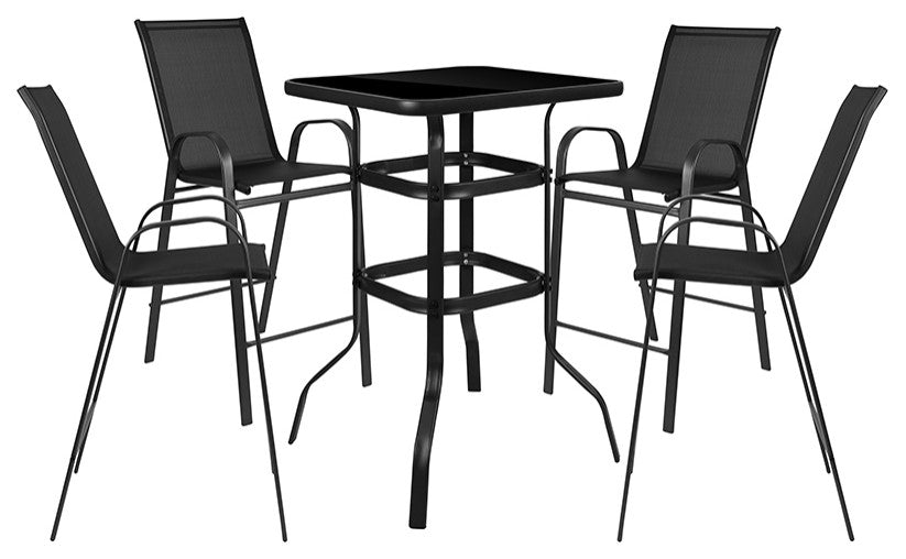 5 Piece Outdoor Glass Bar Patio Table Set with 4 Barstools