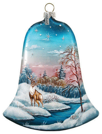 Hand Painted Scenic Glass Ornament Winter Deer Bell