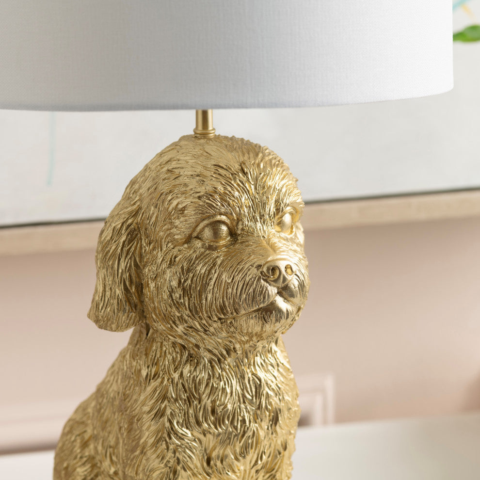 23" Gold Resin Doodle Dog Table Lamp With White Drum Shade
