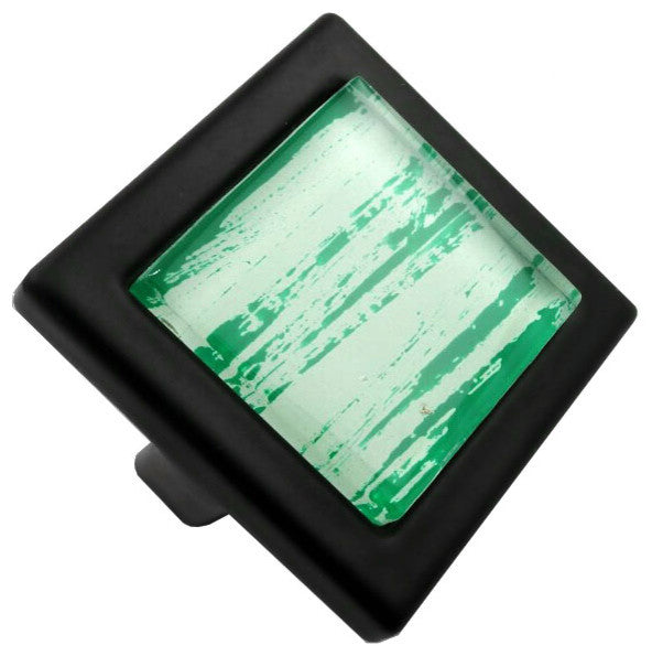 Hand Brushed Green Streaks Crystal Glass Black Metal Square Manor Knob