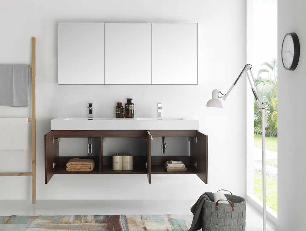 Vista 60" Walnut Wall Hung Double Sink Modern Bathroom Vanity, FFT3811CH