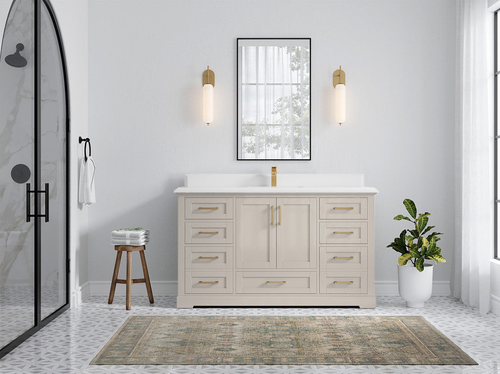 Boston 60" Single Bathroom Vanity in Fine Grain 1.5" White Quartz
