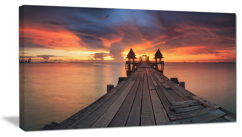 "Glowing Sky And Long Wooden Bridge" Sea Pier Wall Art Canvas Print, 40"x20"