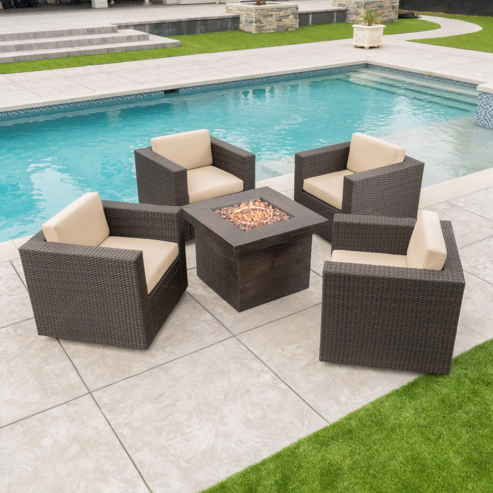 GDF Studio 4-Piece Livingston Outdoor Fire Pit Chat Set, Brown