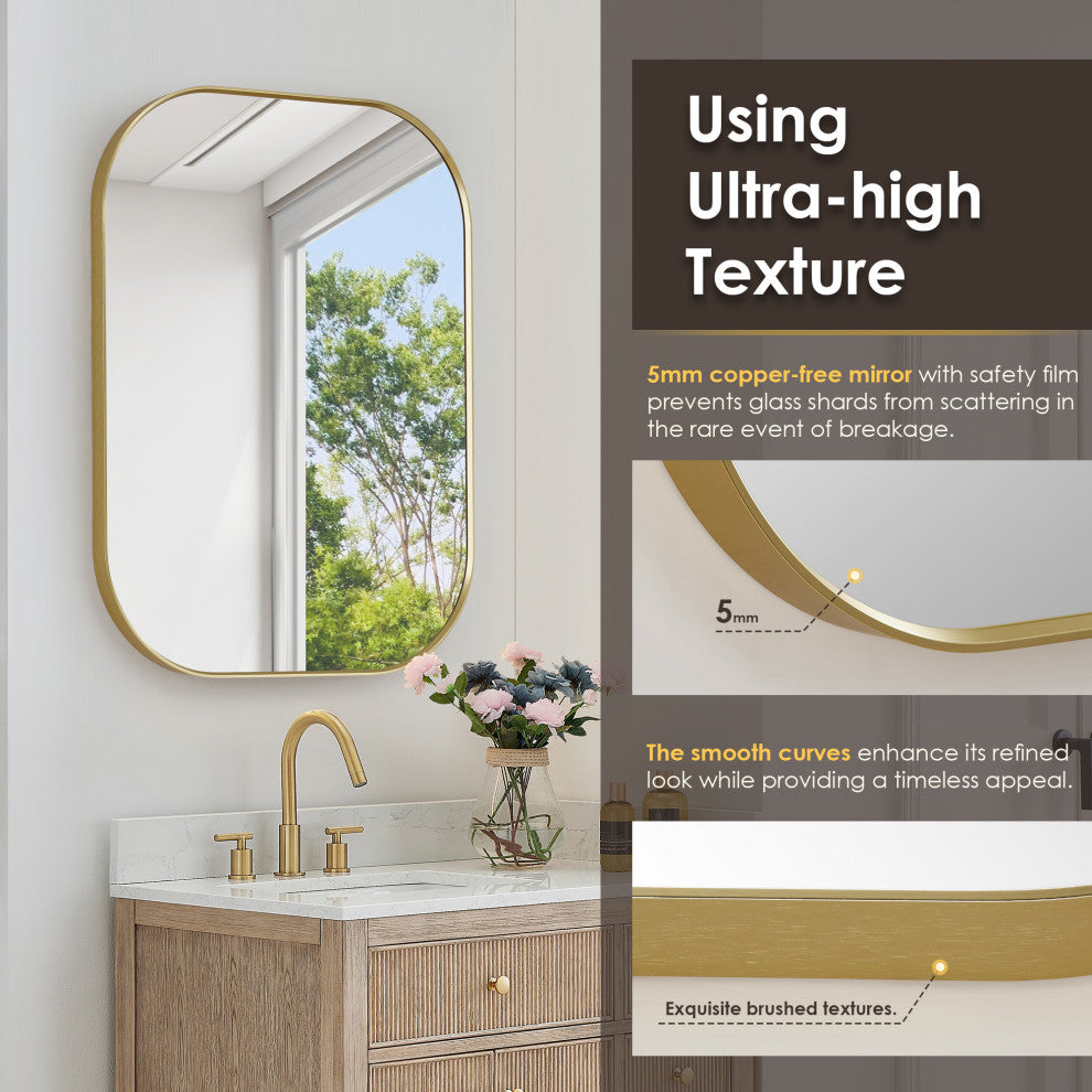 Trielle Rectangular Framed Bathroom Wall Mirror, Brushed Gold, 24"