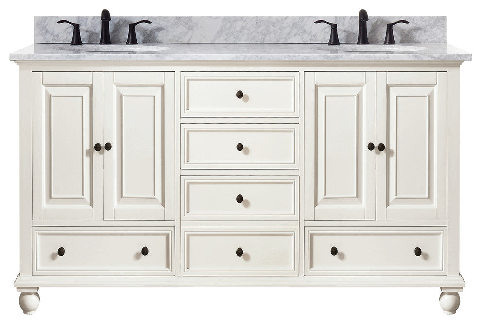 Avanity Thompson 61" Double Vanity, French White Finish, Carrera White Marble Top