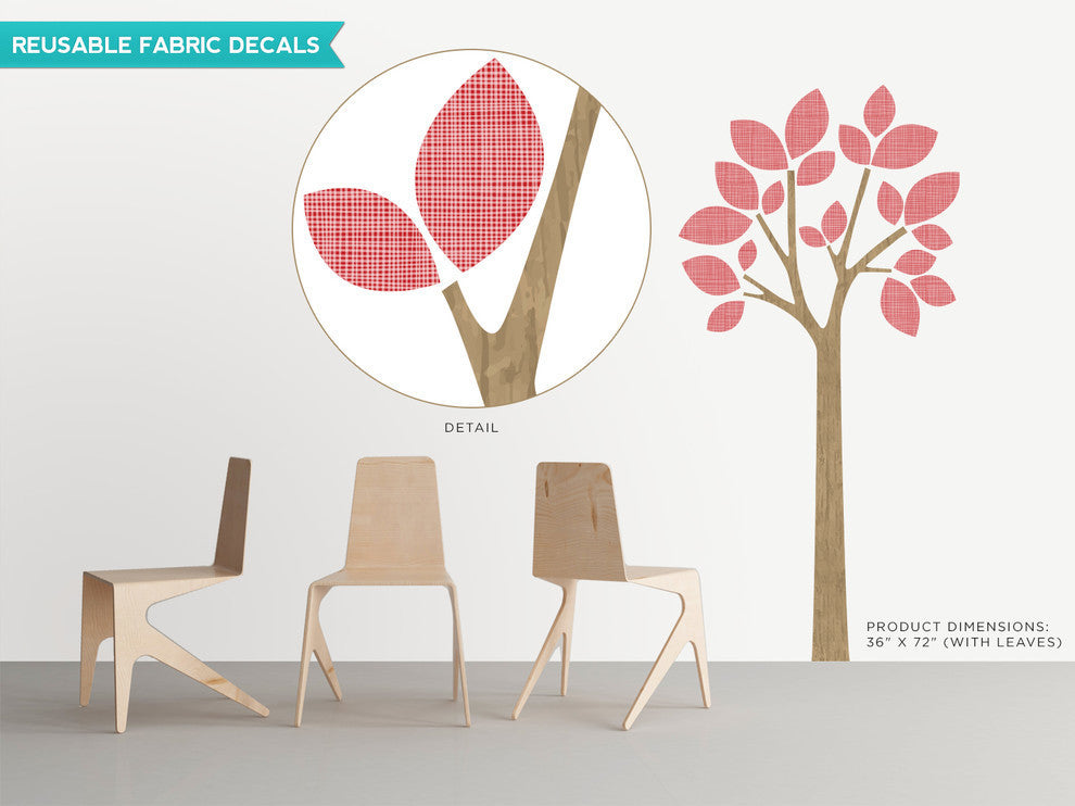 Modern Tree Fabric Wall Decal With Patterned Leaves, Red