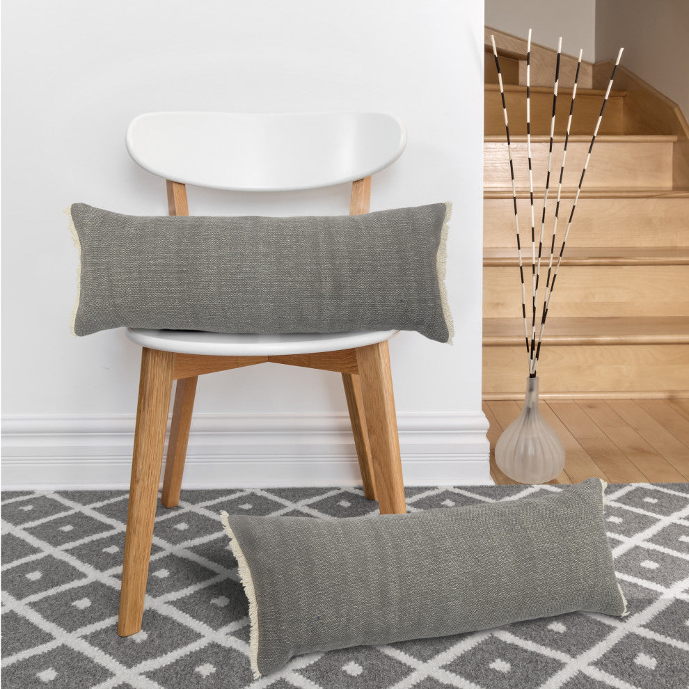 Charcoal Gray Solid Fringed Throw Pillow, 14" X 36"